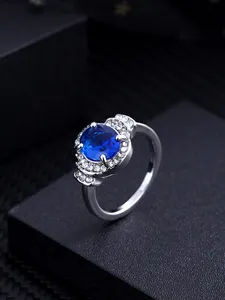 Perhiasan tren Eropa halus elegan angin safir biru zirkon permata laut hati cincin untuk wanita