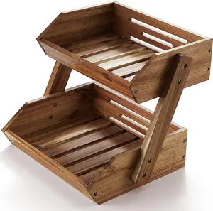 Large Capacity 2 Tier Bamboo Wood Fruit Basket Fruit Stand Storage Holder For Fruit,Vegetables,Bread Storage And Home Kitchen