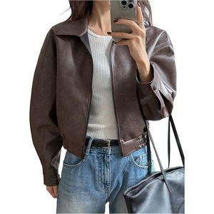 Veste bomber courte en similicuir Y2K pour femme, style streetwear automne, avec poche - Product Image 1