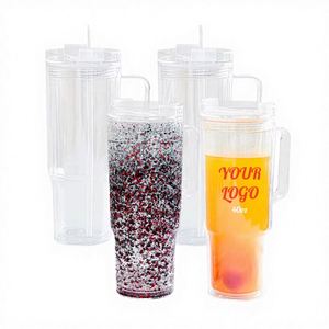Vaso Acrílico Personalizado con Logotipo de 40 Oz, con Asa y Pajita, Preperforado, Doble Pared, Antiderrames, Transparente, para Manualidades con Purpurina y Globos de Nieve - Product Image 1