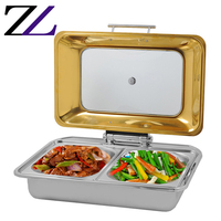 Ensemble de présentoirs de buffet de luxe à couvercle roulant pour traiteur, service de restauration et événements, avec quatre chauffe-plats électriques à combustible liquide, forme oblongue, économique