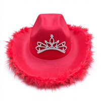 Chapeau de cowboy glamour à bord large avec garniture en plumes et couronne en strass pour femme, idéal pour enterrement de vie de jeune fille, carnaval, scène, festival, défilé
