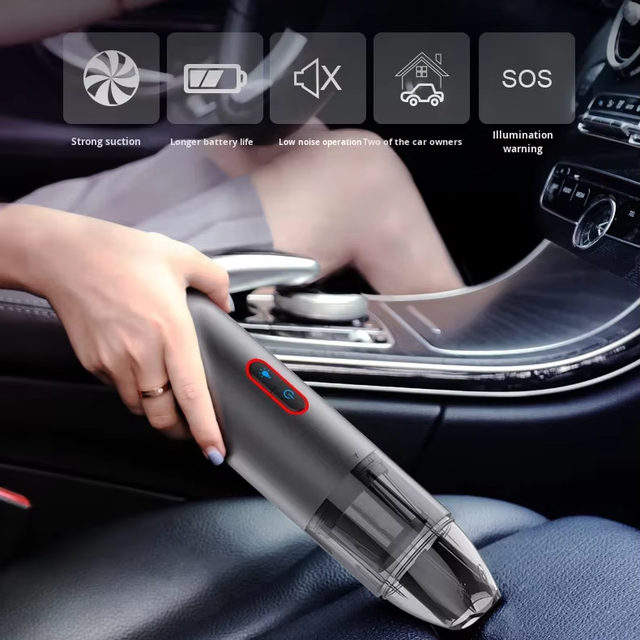 Electric Car Mini Wireless USB Charging Portable Vacuum Cleaner Strong Suction LED Warning Light Wet Dry Cleaning Black Model