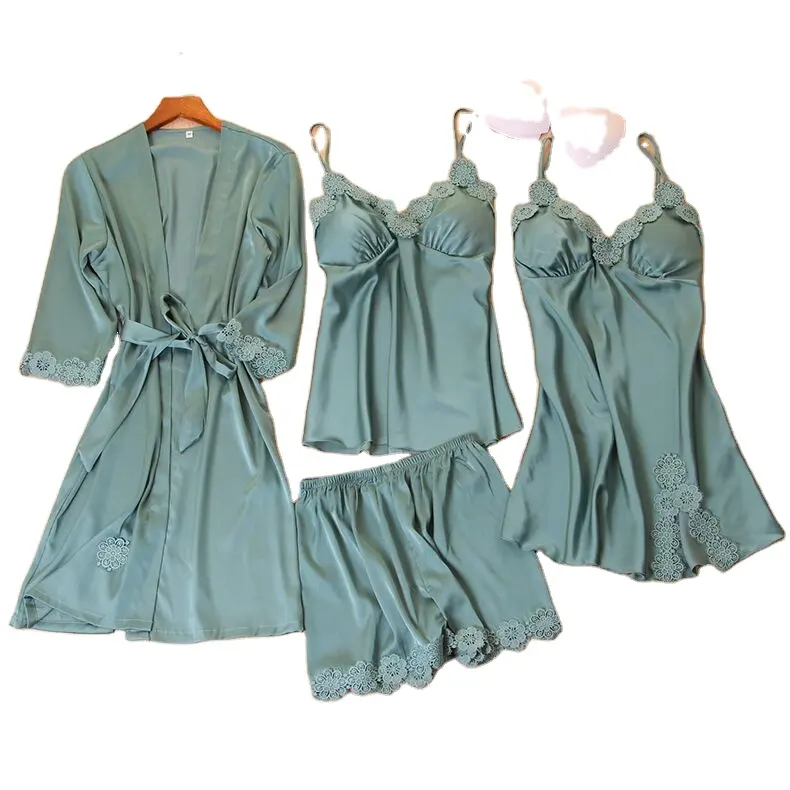 판매 소프트 4 조각 세트 잠옷 섹시한 실크 같은 가운 레이스 세트 실크 여성 잠옷 란제리