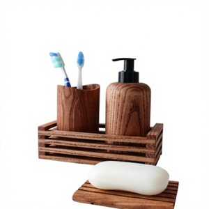 Juego de Baño de Madera de 4 Piezas con Dispensador de Jabón, Portacepillos de Dientes, Jabonera y Bandeja, Moderno y Ecológico - Product Image 1
