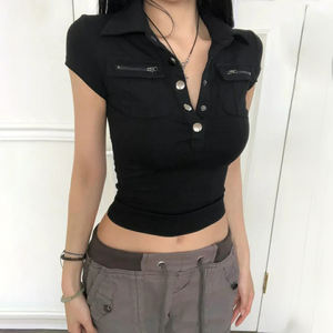 Camiseta de Cuello Polo Ajustada para Mujer, con Bolsillo con Cremallera, Manga Corta, Botones, Estilo Y2K, Moda Urbana - Product Image 2