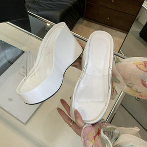 Sandales compensées pour femmes à talons hauts, plateforme décontractée, mules d'été rétro transparentes à semelle épaisse - Product Image 3