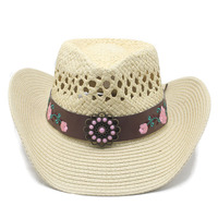 Chapeau de cowboy occidental en paille tressée à la main pour femme, avec bandeau brodé floral et perles, large bord, idéal pour la plage et les voyages, protection solaire estivale