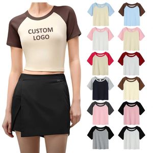Camiseta Corta de Verano para Mujer, 230gsm, Algodón, Corte Ajustado, Estilo Raglán, Sexy, con Bloques de Color, Manga Corta - Product Image 1