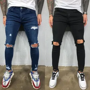 על מכירת אופנה גברים סקיני ג 'ינס כותנה ripped אור כחול ג' ינס צפצף לגברים של ג 'ינס מכנסיים & מכנסיים