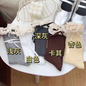Chaussettes amples pour femmes, grises, avec dentelle et nœud, en coton respirant, absorbant la transpiration, mi-mollet, pour jeunes de 18 à 40 ans - Product Image 3