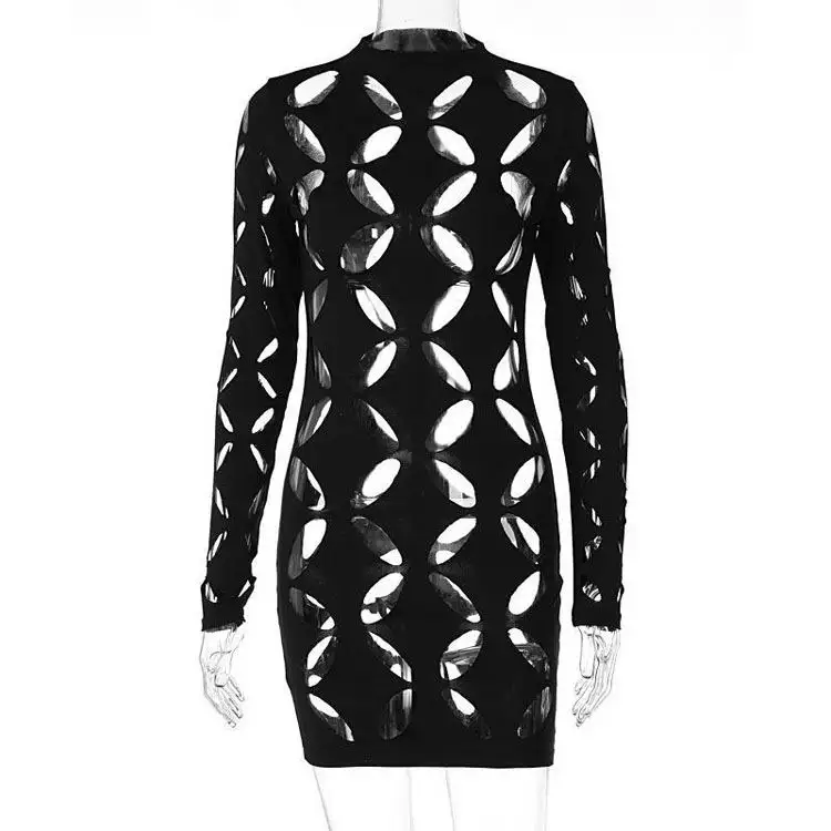 Burned Hollow Round Neck Long Sleeve Sexy Bodysuit Dress Wind Women's Dress 2022 Autumn New Style Personalized