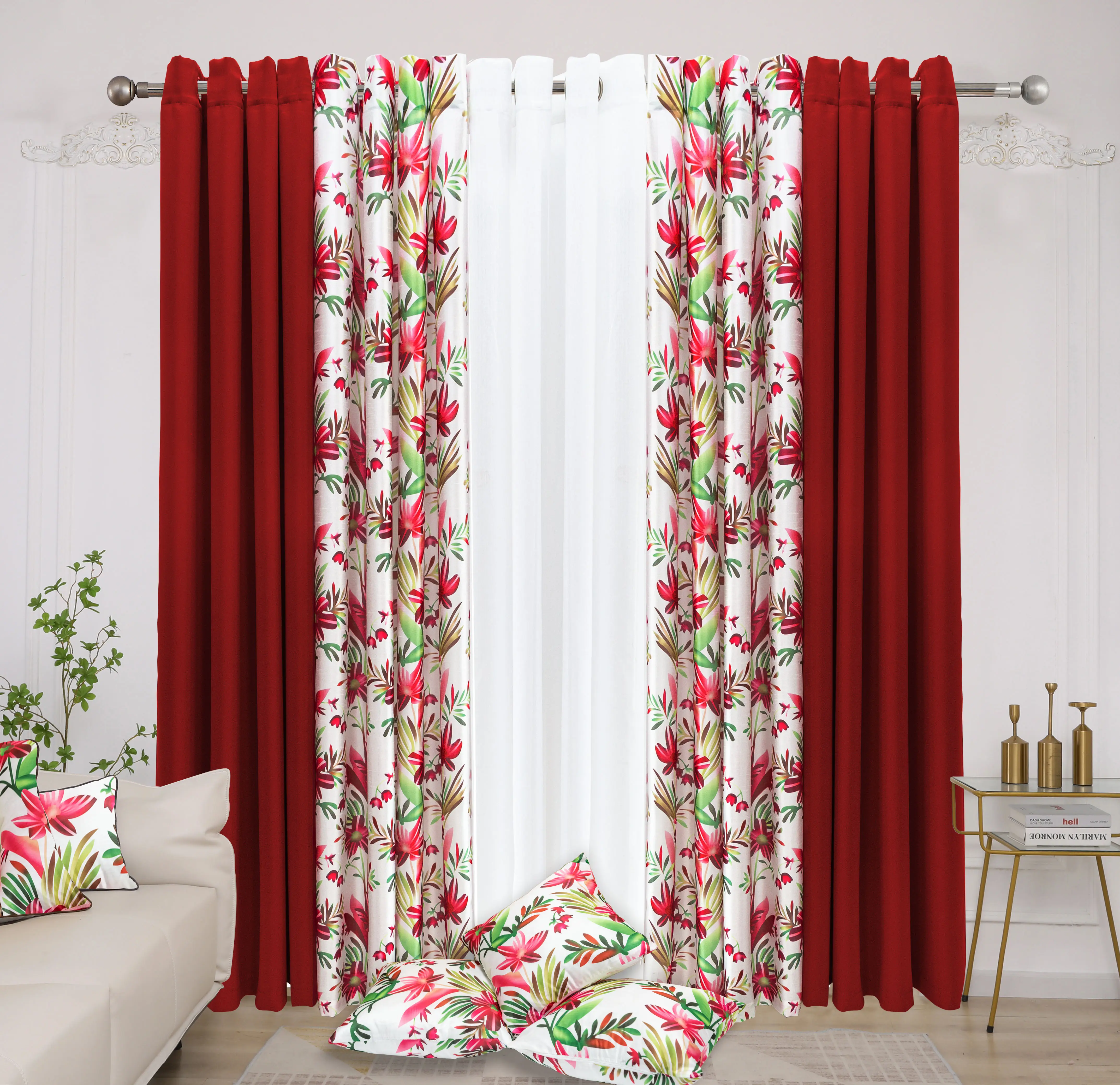 Cortina de ventana de calidad de lujo con estampado floral de fábrica con funda de almohada, cortina confeccionada para decoraciones navideñas para el hogar