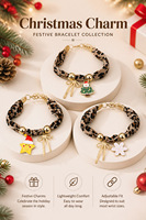 Nouveau design Bracelet tressé en ruban imprimé léopard avec pendentif breloque de Noël Père Noël, étoile, nœud et motif émail goutte d'huile en alliage