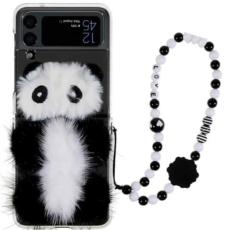 For Samsung Galaxy Z Flip4 5G Plush Panda Decor PC Folding Phone Case Anti scratch Protective Cover with Bracelet