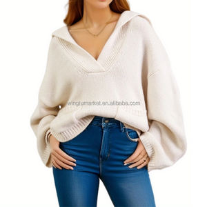 Suéter de mujer Jersey de gran tamaño sólido cuello en V manga ancha cuello <span class=keywords><strong>marinero</strong></span> Cachemira Top de punto - Product Image 1