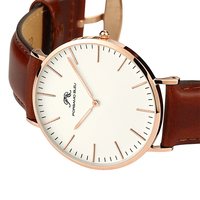 Montre-bracelet tendance de 36 mm de diamètre, quartz, boîtier en acier inoxydable 316L et bracelet en cuir de vache, résistante à l'eau 3BAR, PORSAMO BLEU U2750G
