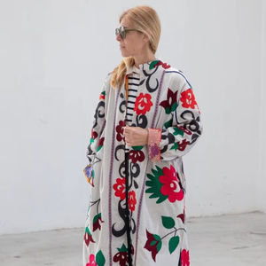 Classic Women's Suzani Hand Embroidered Floral <b>Pattern</b> Canvas <b>Quilted</b> <b>Jacket</b> Autumn Winter Boho Crewel Woven Button 100% Cotton - Product Image 1