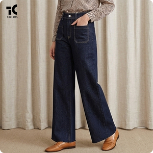 Pantalon droit pour <span class=keywords><strong>femme</strong></span>, nouvelle mode, <span class=keywords><strong>bleu</strong></span> <span class=keywords><strong>marine</strong></span>, avec poches décoratives, <span class=keywords><strong>jean</strong></span> rétro taille haute, style décontracté, denim pour l'automne - Product Image 3