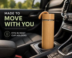 Bouteille d'eau isotherme en bambou avec intérieur en acier inoxydable, thermos avec anneau de transport en métal - Product Image 3