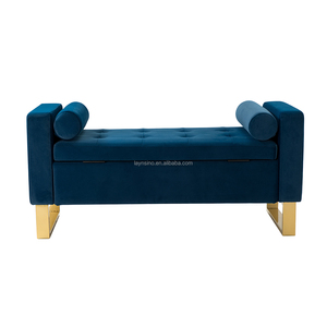 Moderne, Verstellbare, Antike Nordische Ottomane, Aufbewahrungsbank, Blaue Samtgepolsterte Bettbank, Lange Bank in Einfachem Stil - Product Image 2