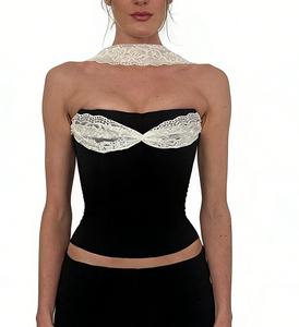 Women's Lace Halter Neck Crop <b>Top</b> Shirt Contrast Lace Trim Tube <b>Top</b> With Bow Detail Fashion - Product Image 4