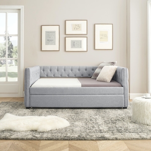Diván con Nido Tapizado Sofá Cama Capitoné con Botones y Tachuelas de Cobre en Brazos Cuadrados Diván Matrimonial y Nido Individual - Product Image 4