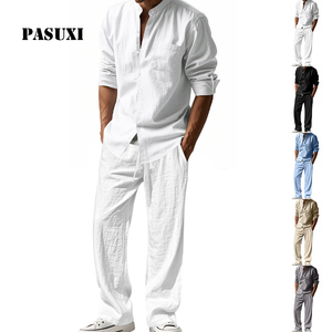 PASUXI Completi Estivi Traspiranti in <span class=keywords><strong>Lino</strong></span> per <span class=keywords><strong>Uomo</strong></span>, Camicie a Maniche Lunghe con Bottoni e Pantaloni Abbinati, Completi Casual - Product Image 1