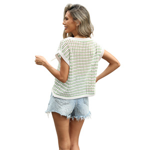 Haut tricoté décontracté pour femme, col rond, rayé, ample, respirant, fin, tricot plat, tendance estivale - Product Image 4