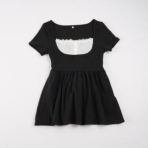 Blusa con lazo frontal para mujer, estilo coreano, informal, de manga corta, con efecto de dos piezas y aspecto superpuesto. - Product Image 2