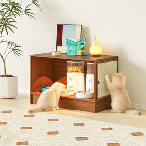 Mobilier multifonctionnel pour animaux de compagnie en bois massif, trois en un, pour chat : gamelle, meuble sur pied et armoire modulable DIY pour chats - Product Image 3