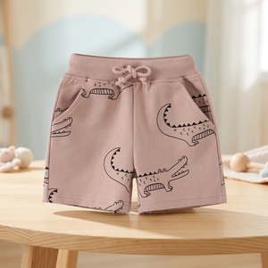 Shorts en coton uni avec logo brodé sur le devant, taille élastique, pour enfants, décontractés, taille mi-haute, tissu tricoté respirant - Product Image 1