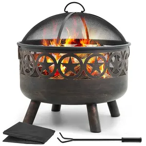 Fire Pit Table for Outdoor, Fire Pit Square Wood Burning con Spark Screen Fire Poker per campeggio, cortile, Patio (nero)