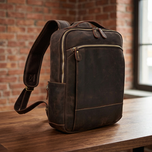 Sac à dos classique vintage de luxe en cuir Crazy Horse - Fermeture éclair antivol, sac de voyage imperméable pour ordinateur portable - Product Image 2