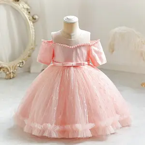 Mini Bubble Sleeve baby girl birthday dresses flor crianças Princess party dress rosa kid prom dresses para 2 anos de idade