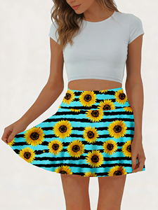 Jupe courte évasée décontractée pour femme, taille haute, imprimé tournesol rayé turquoise et noir, style skater, coupe trapèze, idéale pour l'été - Product Image 2