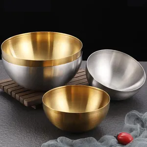 Korean Style Restaurant Kimchi Double Layer Silver Golden Sauce Stainless Steel Rice Soup Salad Bowl