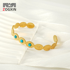 Zogxin Turquoise Inlaid Cuff Bracelet 18K Gold Plated Geometric Design For Women - Product Image 1