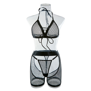 Femme Sexy Câu Cá <span class=keywords><strong>Net</strong></span> Đồ Lót Đồ Lót 3 Mảnh Bow Áo Ngực Và Panty Trong Suốt Màu Đen Áo Lót Bộ Cho Phụ Nữ - Product Image 6