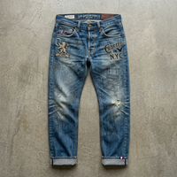 Jean en denim bleu délavé pour homme, imprimé vintage, coupe droite, effet usé, qualité supérieure, fabrication sur mesure, automne, écologique