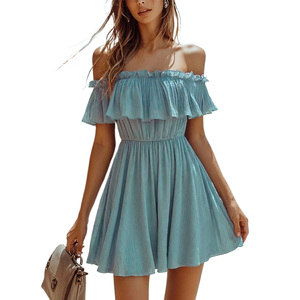Off Shoulder Ruffle Chiffon Sundress <b>Elastic</b> Waist A-Line Mini Loose Fit Solid Color Summer Beach <b>Dress</b> - Product Image 2