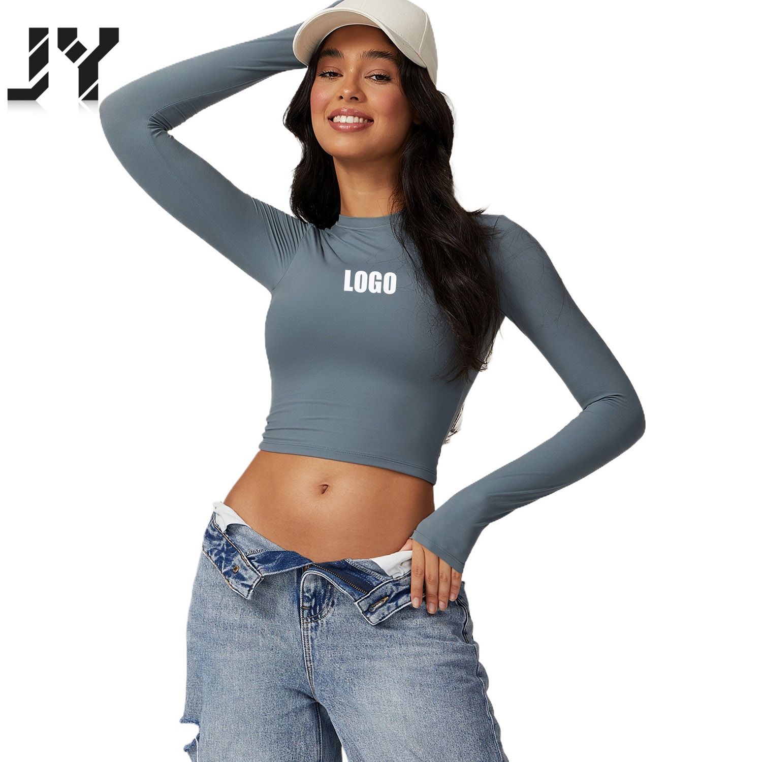 JY Custom LOGO Women's Spandex/Nylon Knit Tight Sports T-Shirt Quick-Drying Yoga Pilates Running Fitness Long-Sleeved Top