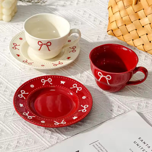 <b>Red</b> <b>Bow</b> Underglaze Ceramic Coffee Cup And Saucer Set European Afternoon Tea Cup Elegant Gift For Wedding Women - Product Image 1