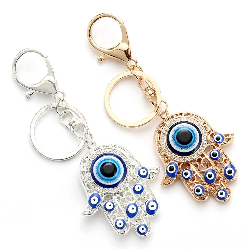 Hot Sale Exquisite Copper Alloy Turkish Blue Evil Eye Glod Plated Hamsa Palm Pendant Keychain for Users