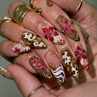 Ongles à presser en acrylique de style français, motif floral 3D léopard, bordure dorée et accents perlés, forme amande, longs, qualité salon, personnalisables