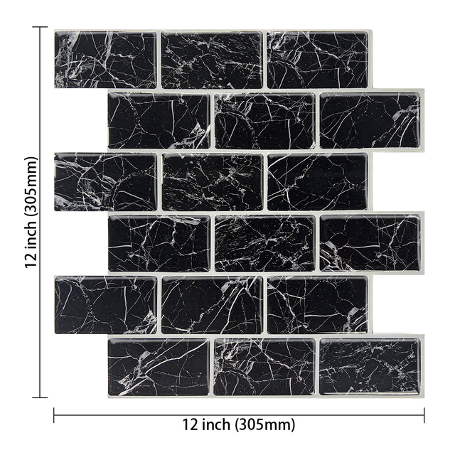 Black Subway with Marble of Peel and Stick Backsplash 2.5mm Thickness Wall Tile Kitchen Bathroom Waterproof