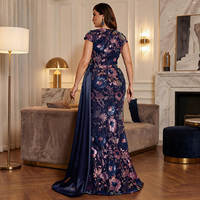 Robe de soirée élégante Impereal, grande taille, col en V, manches courtes, bleu marine, à sequins floraux, coupe sirène avec drapé latéral, pour bal et banquet