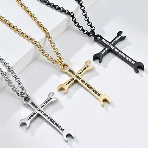扳手设计十字吊坠项链我可以为男士做所有的不锈钢银/金/黑色吊坠项链
