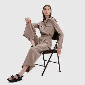 Baju monyet Khaki satu potong wanita, Romper utilitas longgar warna polos desain kustom bergaya Musim Semi 2024
