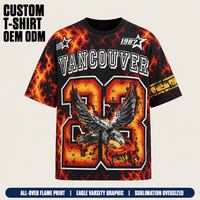 T-shirt noir personnalisé pour homme, imprimé intégral Aigle Flammé, numéro universitaire, manches à rayures jaunes, sublimation, coupe oversize pour le streetwear